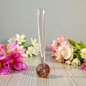 Pink Art Glass Bohemia Bud Vase With Controlled Bubbles Base VTG 8 Inch